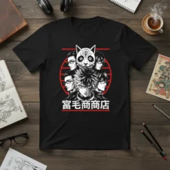 富毛商店 anime t-shirt featuring a group of characters with a masked figure and Japanese text