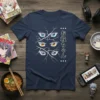 T-shirt design with multiple cracked anime eyes and Japanese text "お殴ちゃん" in vertical orientation