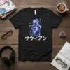 Black t-shirt featuring the Japanese text ヴウィアン above a geometric blue anime girl illustration with abstract shapes