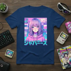 ジャパニーズ T-Shirt with a crying anime girl and Japanese text, set against a neon vaporwave background with digital graphics
