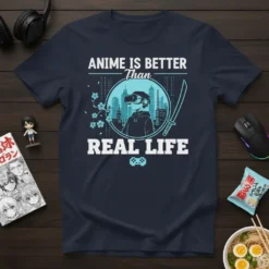Anime Is Better Than Real Life quote on a navy t-shirt, featuring a person in VR goggles and a samurai