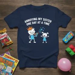Annoying My Sister One Day At A Time quote with cartoon prince spraying sister with water gun, navy blue t-shirt