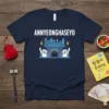 Annyeonghaseyo text with cartoon graphic of Korean gate and two waving figures on a navy t-shirt