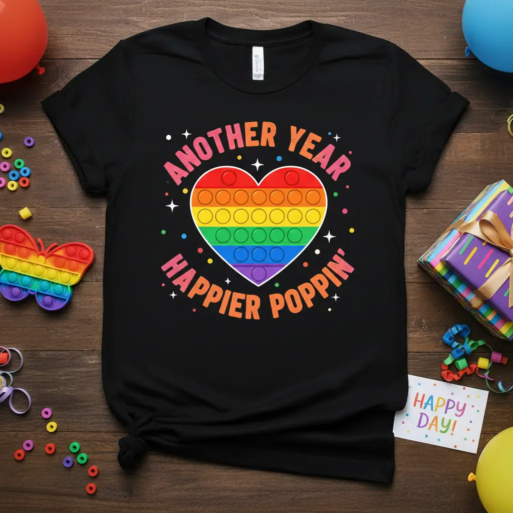 Another Year Happier Poppin' birthday t-shirt with a rainbow Pop It heart graphic and festive confetti