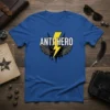 Anti Hero t-shirt design with a yellow lightning bolt and grey winged crown graphic