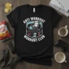 Black t-shirt with white text "Anti Workout Workout Club" and a cartoon sloth lounging on a couch, holding a remote
