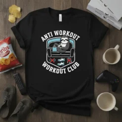 Black t-shirt with white text "Anti Workout Workout Club" and a cartoon sloth lounging on a couch, holding a remote