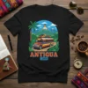 Antigua Guatemala bus travel t-shirt design with colorful vintage bus, mountains, and palm trees. Primary keyword: Antigua Guatemala Bus Travel