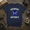 Antisocial Butterfly T-Shirt with a vibrant purple and blue butterfly graphic, set against a dark navy shirt