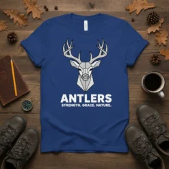 Antlers Strength Grace Nature deer graphic t-shirt in white text and geometric deer head
