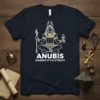 Anubis Guardian of the Afterlife T-Shirt design with seated jackal-headed god holding ankh and staff, white and gold outline on