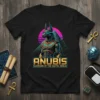 Anubis Guardian Of The Digital Realm t-shirt design with a jackal-headed god in sunglasses before a pyramid