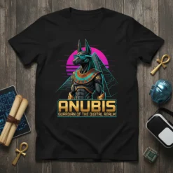 Anubis Guardian Of The Digital Realm t-shirt design with a jackal-headed god in sunglasses before a pyramid