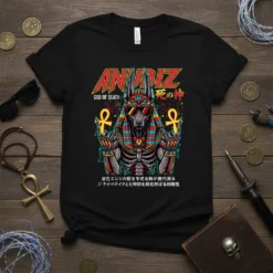 Anubiz God of Death tee featuring Anubis in cyberpunk style with Japanese text and ankh symbols