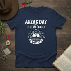 Anzac Day Lest We Forget April 25 T-Shirt design with crossed rifles, a tree, and two slouch hats