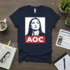 T-shirt design featuring a portrait of AOC with the letters AOC in a red box below