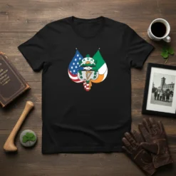 AOH Irish American Heritage t-shirt design featuring US and Irish flags, harp, and handshake symbol