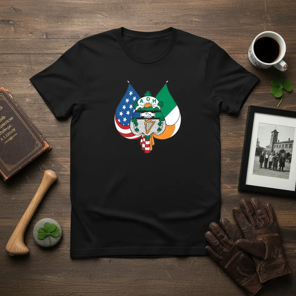 AOH Irish American Heritage symbol with US and Irish flags, harp, and handshake graphic on black tee