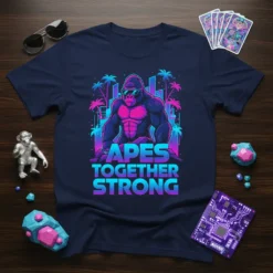 APES TOGETHER STRONG quote with a muscular gorilla wearing sunglasses, set against a neon city skyline and palm trees