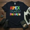 Black t-shirt with colorful "APEX PREDATOR" text and a stylized outline of a panther graphic