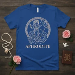 Aphrodite Greek Goddess T-Shirt design featuring a line art illustration of the goddess with roses and doves, text reads APHRODITE