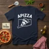 Navy blue t-shirt with white text "APIZZA" and a pizza slice graphic inside a Connecticut state outline