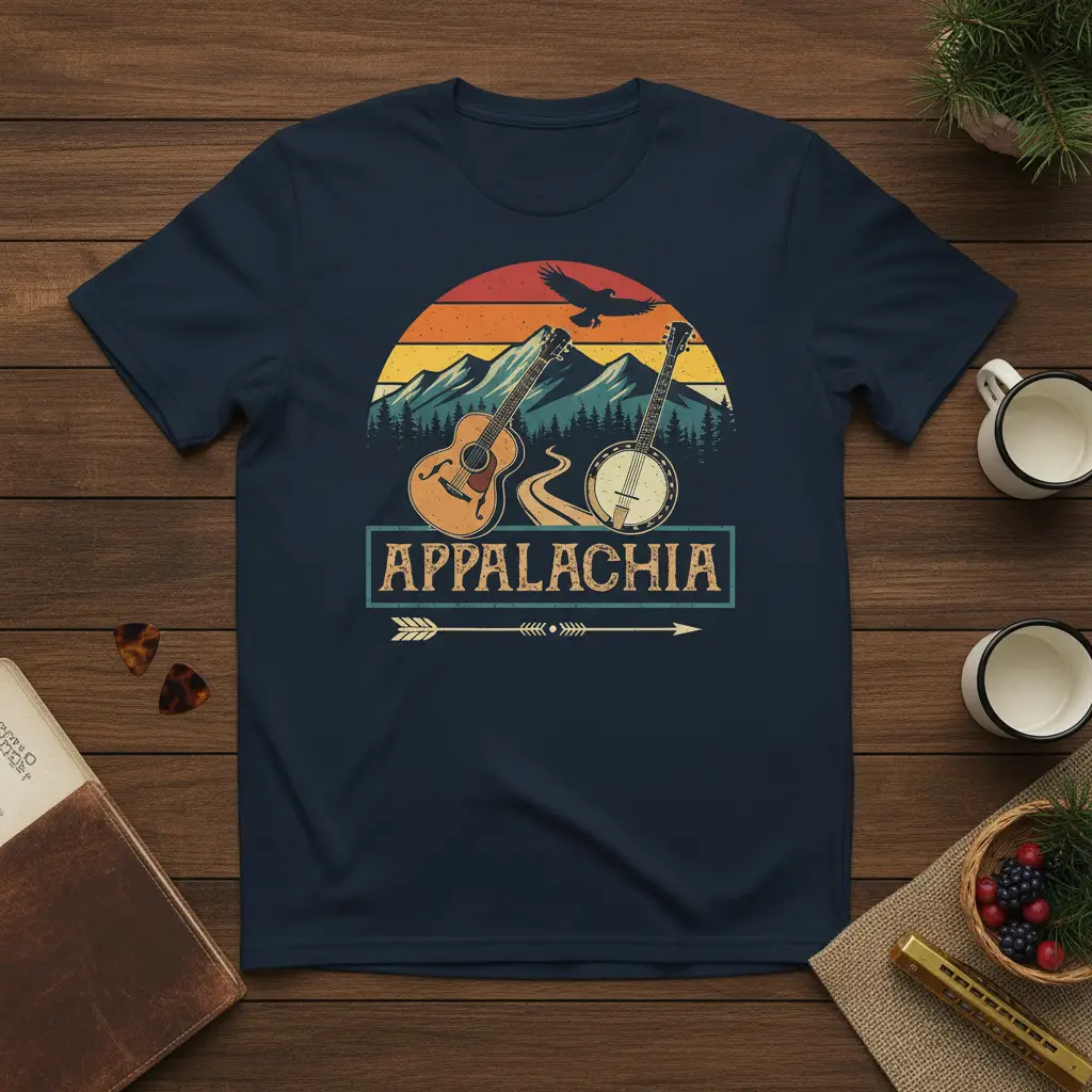 Appalachia t-shirt design featuring vintage mountain landscape, acoustic guitar, banjo, and soaring eagle