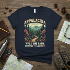 Appalachia Walk The Path Embrace The Journey t-shirt design with a scenic mountain landscape and hiker on a trail