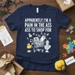 Apparently I'm a Pain in the Ass Ass to Shop For quote on a navy t-shirt with shopping cart graphic