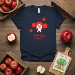 Navy t-shirt with a white and red cartoon character labeled "Apple Pal" and Japanese text, surrounded by red apples