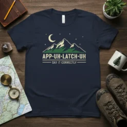 Navy t-shirt with "APP·UH·LATCH·UH SAY IT CORRECTLY" text and a mountain graphic under a moon and stars