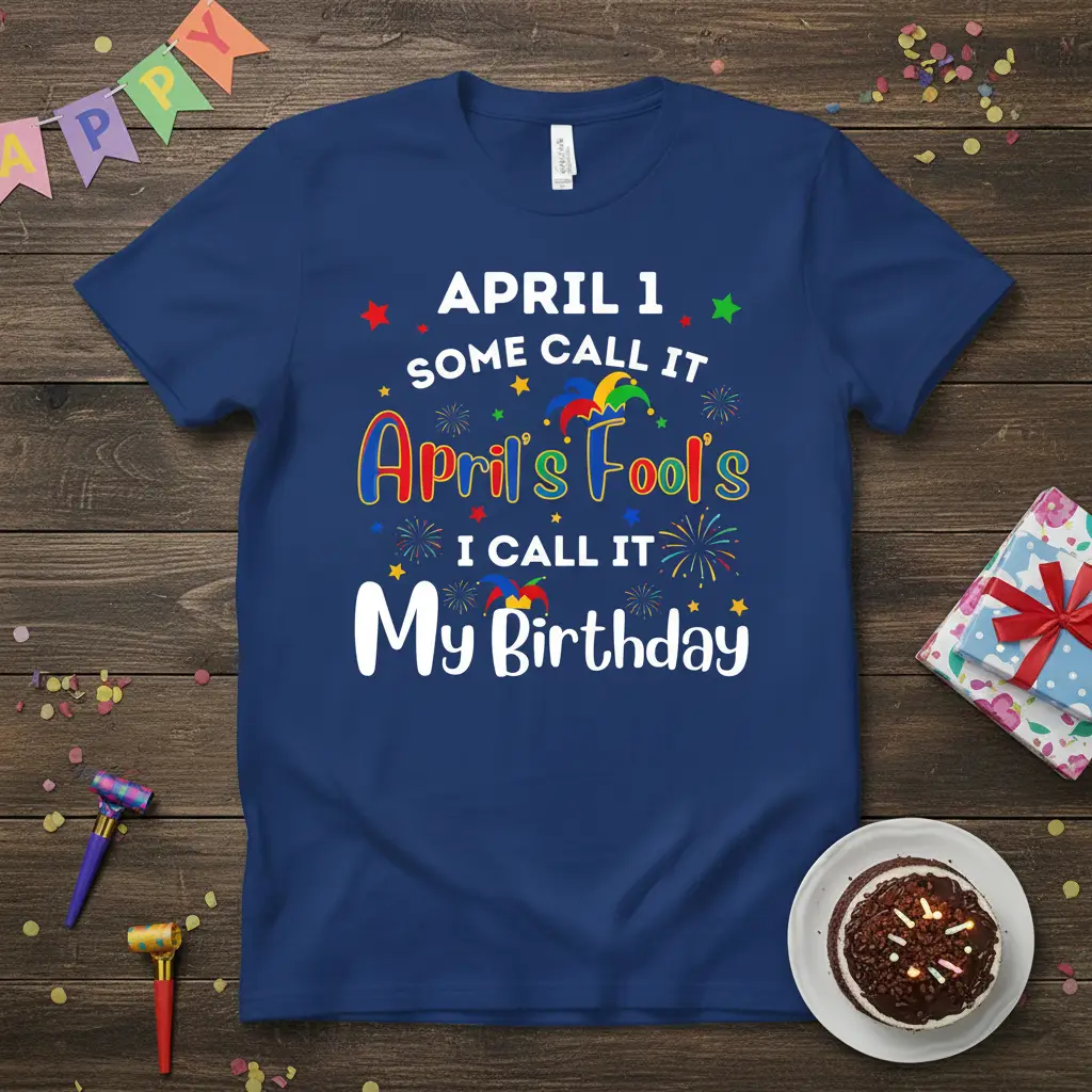 April 1 Some Call It April's Fool's I Call It My Birthday quote tee with festive graphics and playful typography