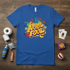 April Fool text design with green cartoon characters, confetti, and toy props on a blue t-shirt