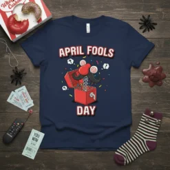 April Fools Day T-Shirt with a jack-in-the-box graphic, nose, mustache, and confetti