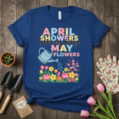 April Showers Bring May Flowers T-Shirt with watering can and colorful flowers graphic