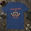 Après Ski Club EST. 2024 t-shirt design with a cozy fireplace, armchairs, and ski gear