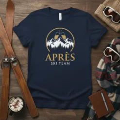 Après Ski Team t-shirt design featuring champagne glasses, snowy mountains, and pine trees with gold circular border