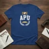 APU 1899 university crest design with lions and laurel wreath on a navy blue t-shirt