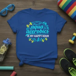 Aqua aerobics IS MY HAPPY HOUR text design with water splashes and dumbbells on a blue t-shirt