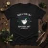 Black t-shirt with "Aqua Tofana Apothecary Palermo Italy" text and a mortar and pestle graphic, vintage style