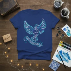 Arabic calligraphy t-shirt with a dove design saying "أحبك واحبك واحبوك واحبوا كل من يحبك" in blue and teal script