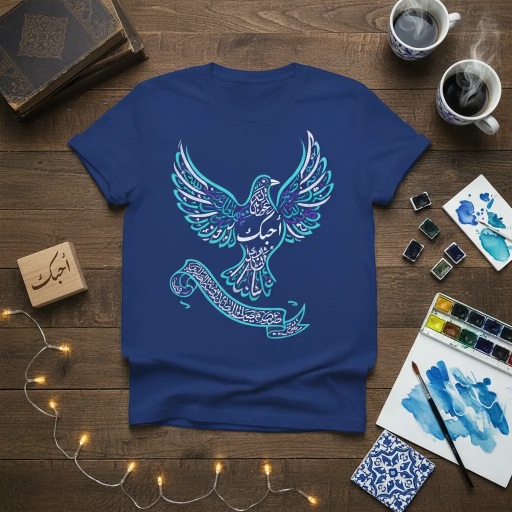 أحبك واحبك واحبوك واحبوا كل من يحبك Arabic calligraphy design on a blue t-shirt featuring a dove spreading its wings