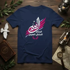 Navy t-shirt with "الرمام السخش العنيان" Arabic calligraphy in white and pink abstract design, featuring a laurel wreath