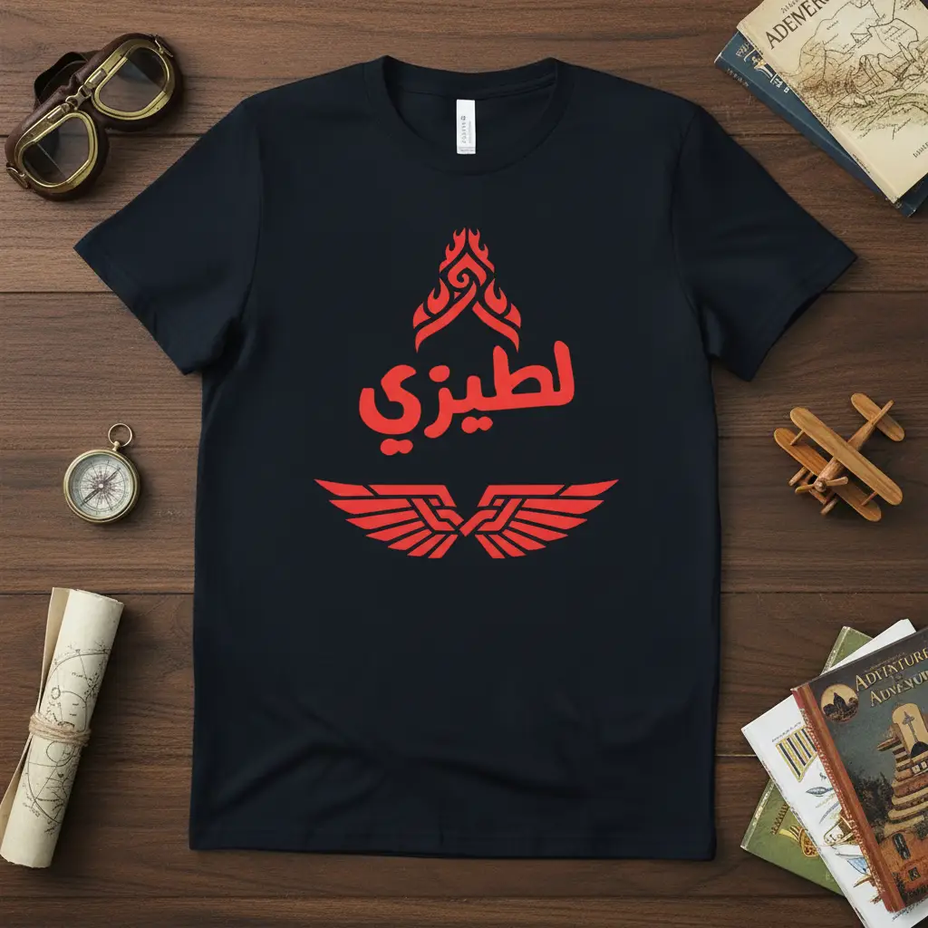 لطيزي Arabic script with vibrant red wings design on a premium black tee
