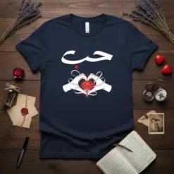Arabic word 'حب' (Hub) for love with a heart-shaped hand gesture cradling a red rose graphic on a navy t-shirt