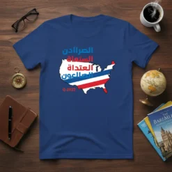 T-shirt with Arabic text "الصرا دن الستع اة العتدا الصالعون" and a USA map graphic, Q-2022