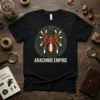 Arachnid Empire t-shirt design featuring a tarantula graphic within a green spiral pattern