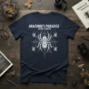 Arachnid's Paradise Nature's Trapper t-shirt with a large spider graphic and smaller spiders on a web