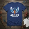 Archer Winged Quiver text design on a blue t-shirt with graphic of wings and a quiver full of arrows