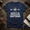 Archer of the Constellation Sagittarius text with a compass rose arrow graphic on a navy t-shirt